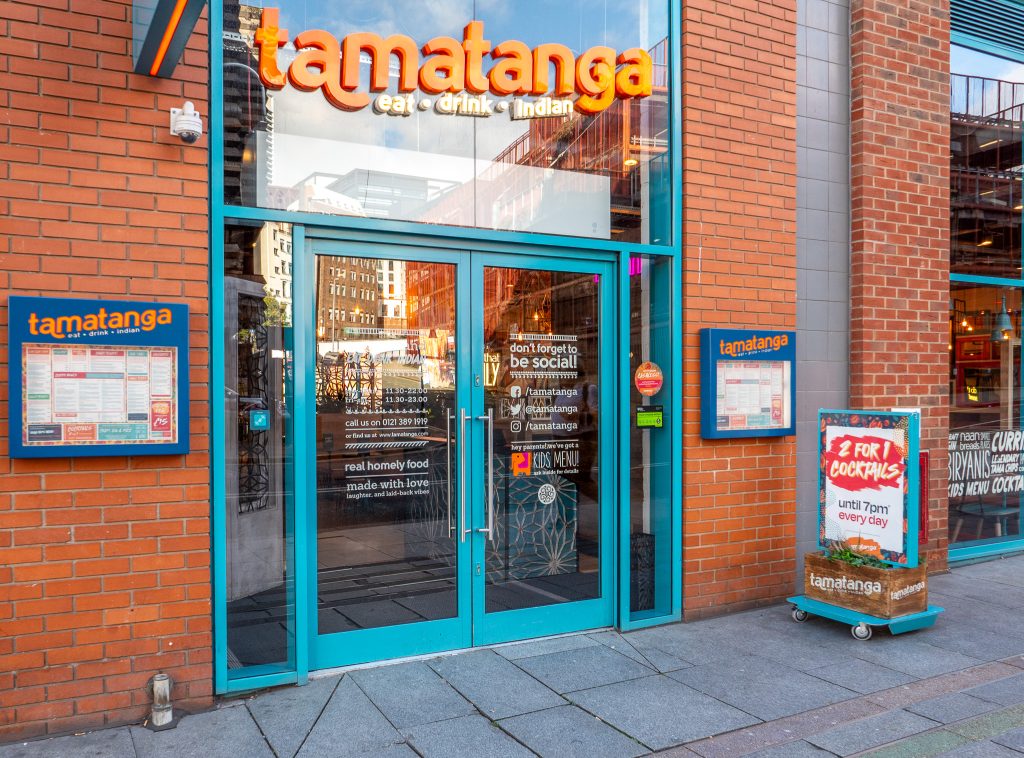 JD47 blue commercial doors in a restaurant entrance