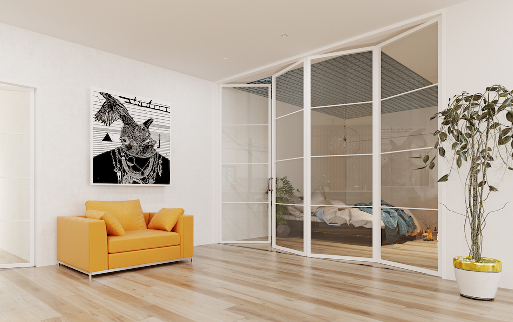 internal white bifold doors betwenn a lounge and bedroom area